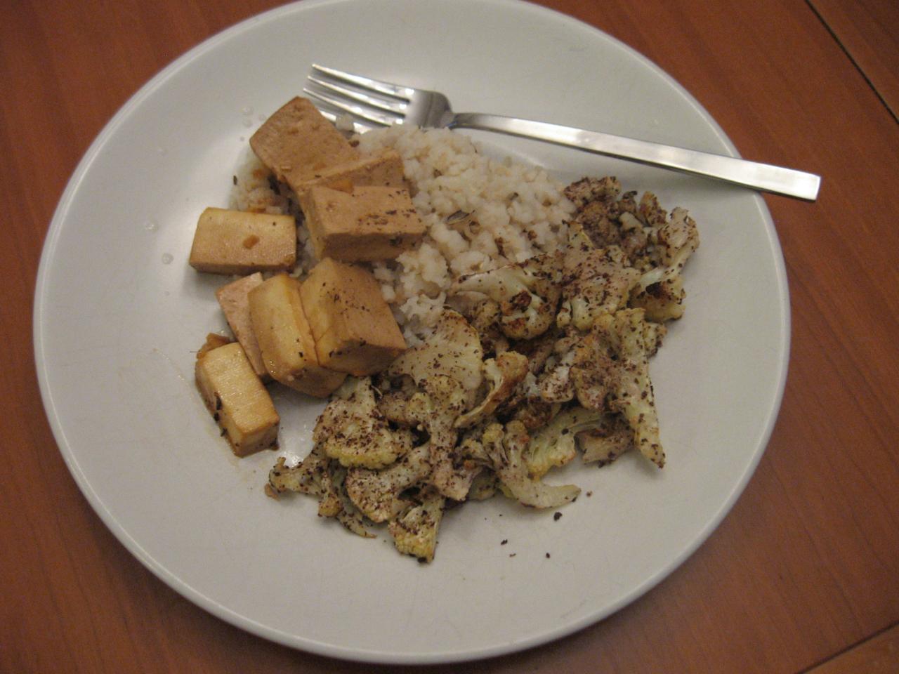 Roasted Cauliflower, Asian Baked Tofu and Brown Rice