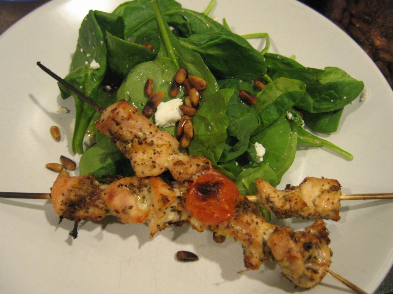 Baked Chicken Kabobs and Spinach Salad
