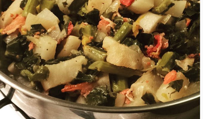 Turnips, Collard Greens and Cabbage Shoots with Applewood Smoked Bacon