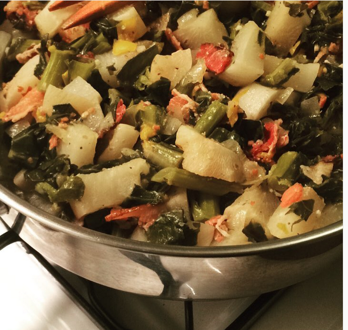 Turnips, Collard Greens and Cabbage Shoots with Applewood Smoked Bacon