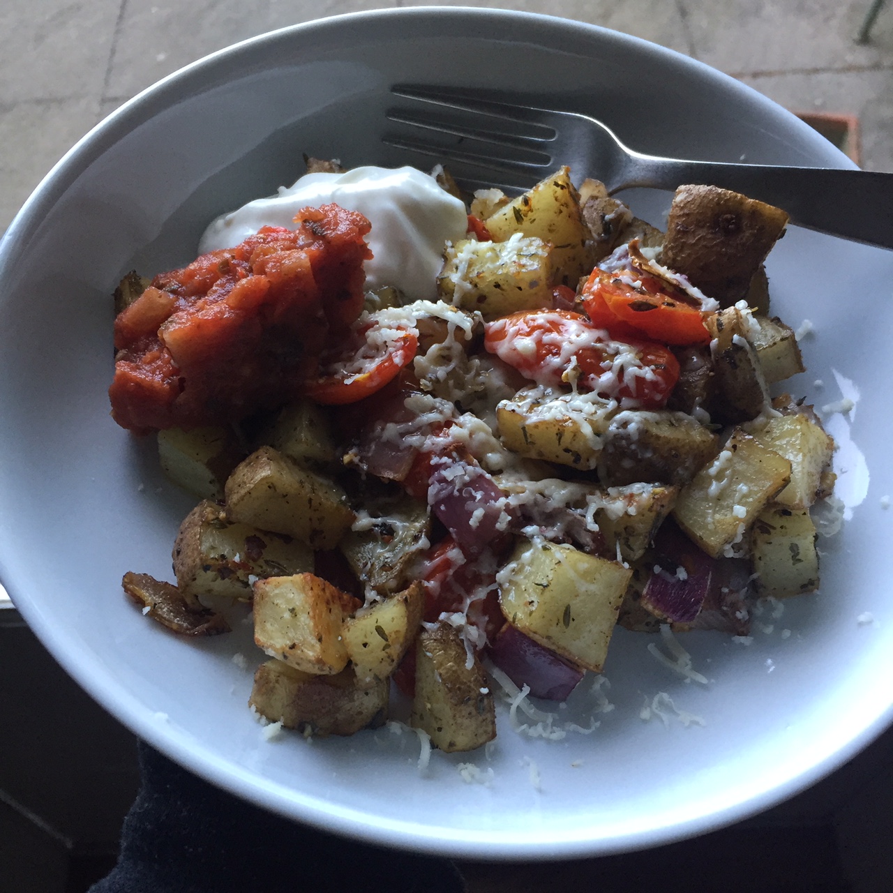 Easy Peasy Roasted Potatoes, Tomatoes, and Red Onion
