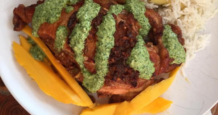 Peruvian Chicken with Green Sauce and Coconut Rice Infused with Lemon Grass and Kafir Lime Leaves