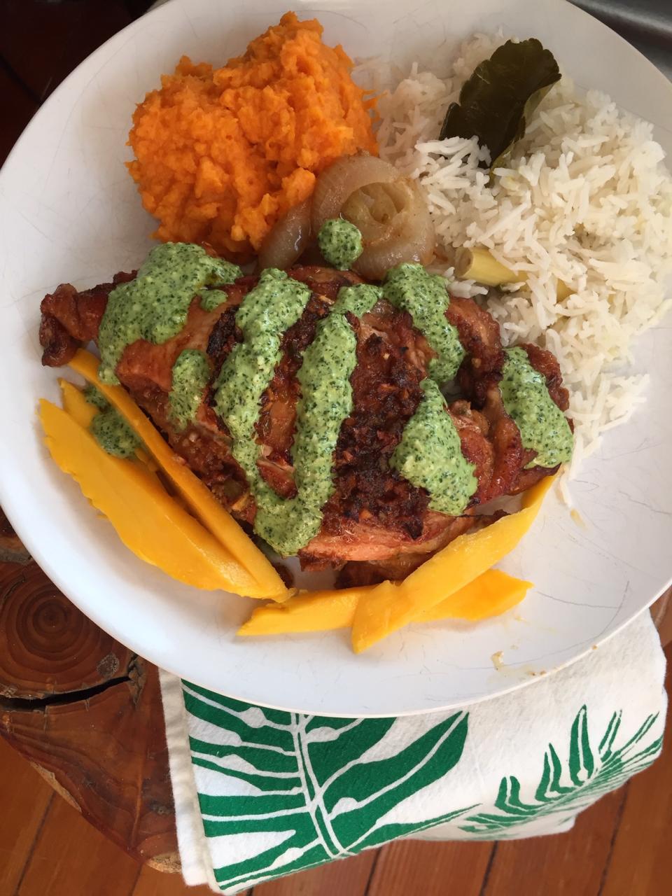 Peruvian Chicken with Green Sauce and Coconut Rice Infused with Lemon Grass and Kafir Lime Leaves