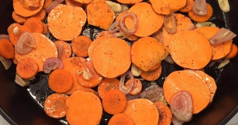 Roasted Sweet Potato with Carrots and Shallots