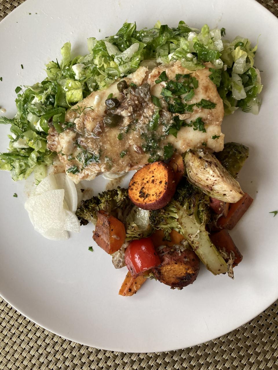 Halibut with caper, anchovy and miso sauce