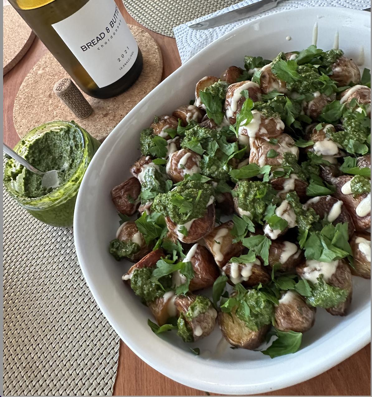Ottolenghi roasted potatoes with Green sauce and Tahini